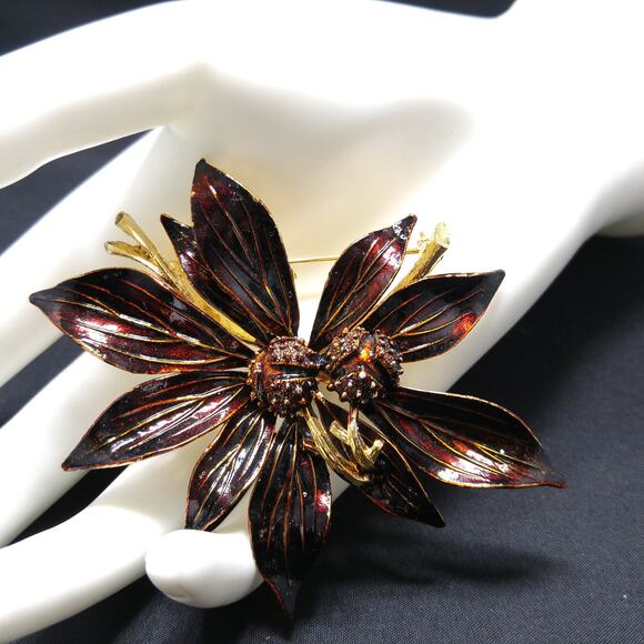 Vintage Brown Enamel Floral Brooch Clip Earrings, Gold Plated, 1960s - Picture 3 of 10